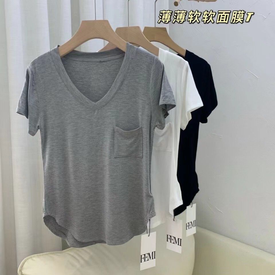 Picture of Modal Cotton Draped Collarbone T-shirt Women's Summer Loose Korean Style Mid-length Base Shirt Short-sleeved Casual V-neck Top