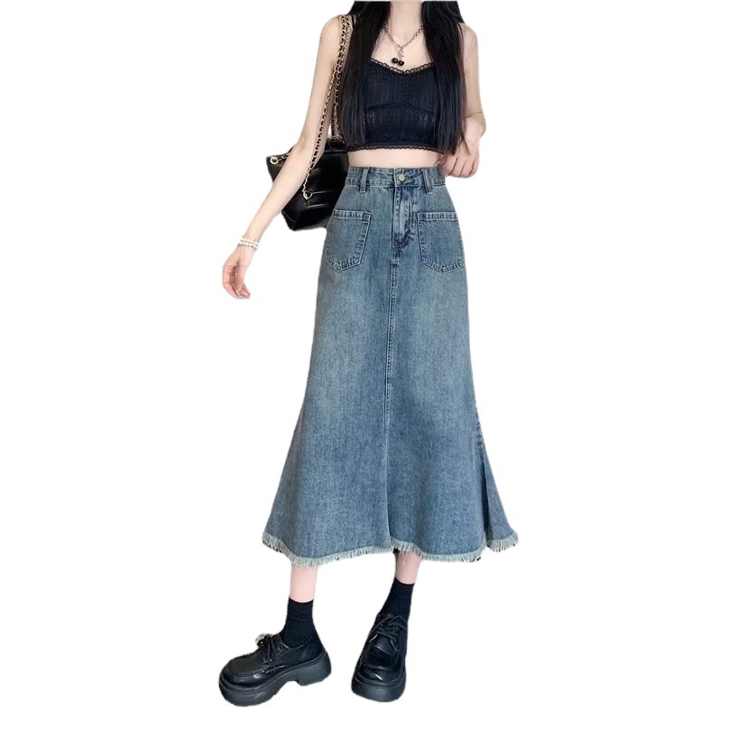 Vintage Denim Skirt Women's Spring and Summer 2023 New Fishtail Skirt High Waist A- Line Slimming Mid-Length Hip Skirt