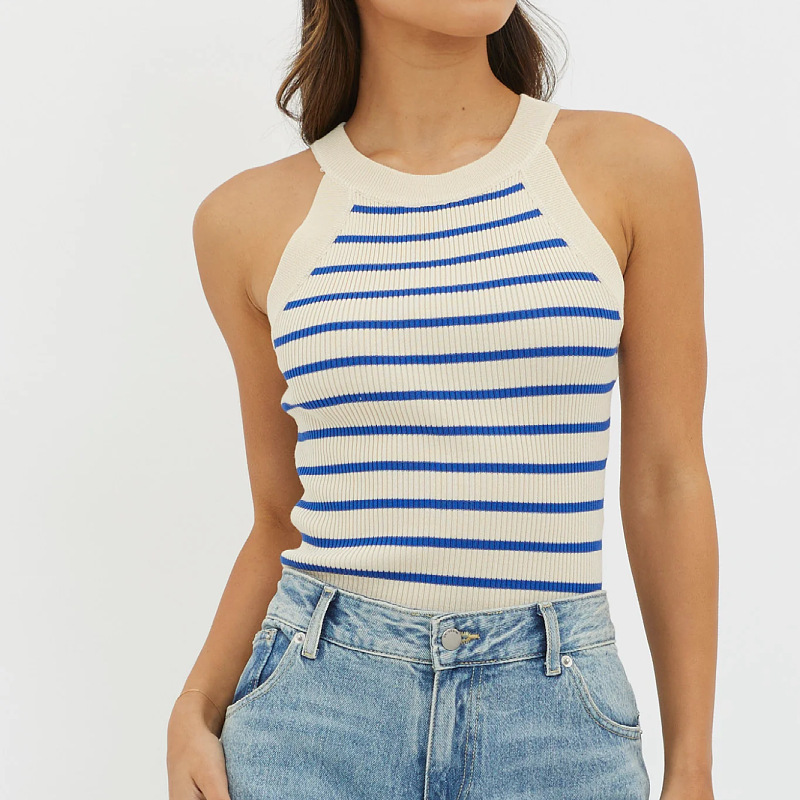 2025 New European and American Cross-Border Amazon Hottie Tops Sexy Sleeveless Stripesd Inner Wear Knitted Vest for Women