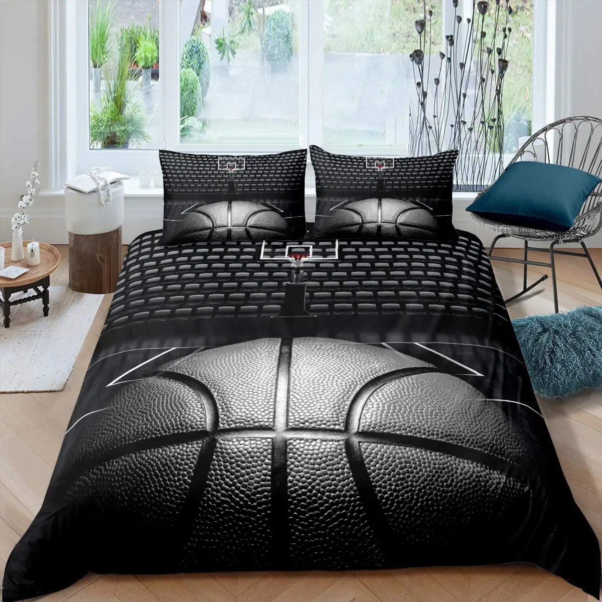 Cross-border three-piece black 3D ball sports theme bedding microfiber Amazon European and American Foreign trade
