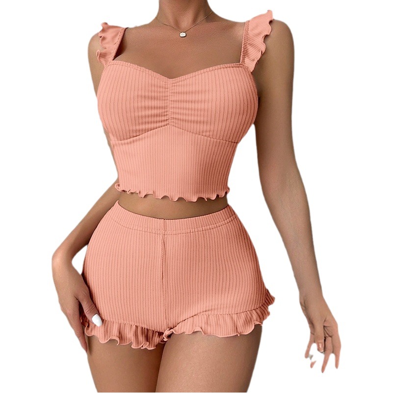 Picture of Small Flying Sleeves Sexy Suspender Pajamas for Women Pit Striped Twisted Shorts European and American Style Cross-Border Women's Simple Casual Home Wear