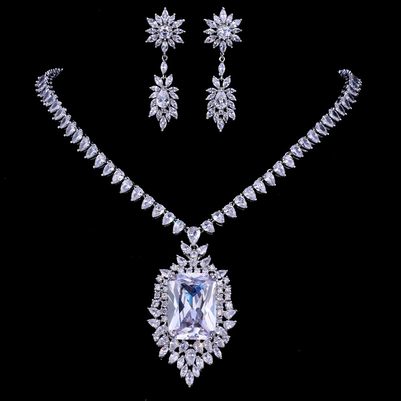 wish cross-border bride two-piece large rectangular zircon necklace earring set female design sense factory wholesale first