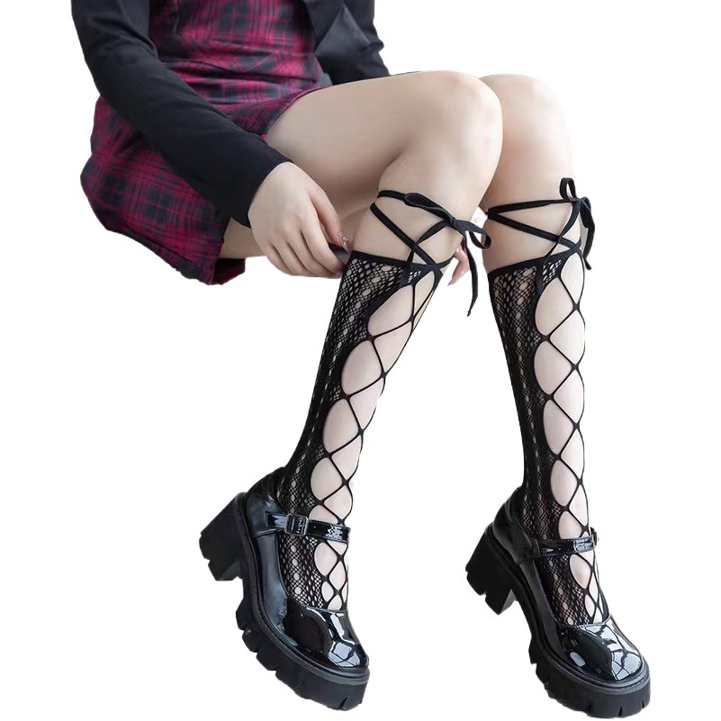 Calf Socks for Women Spring and Summer Cross Strap Lace Bow Socks Trendy Personalized Fishnet Stockings Mid-Calf Stockings