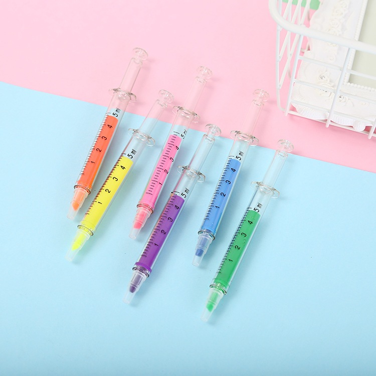 Promotional Creative Oblique Color Needle Highlighter Funny Cute Injector Pen Student Children Color Marking Pen
