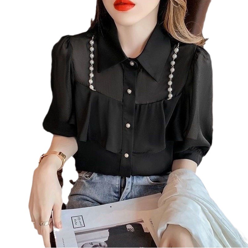 2024 New Summer Polo Collar Puff Sleeve Shirt Women's Design Sense Niche Age-reducing All-match Top Women