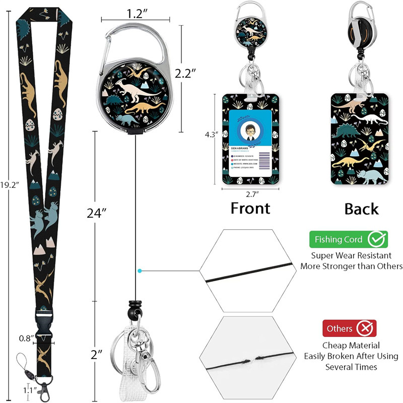 Picture of dinosaur polyester removable lanyard uv double-sided printing card sleeve retractable easy pull buckle printable logo