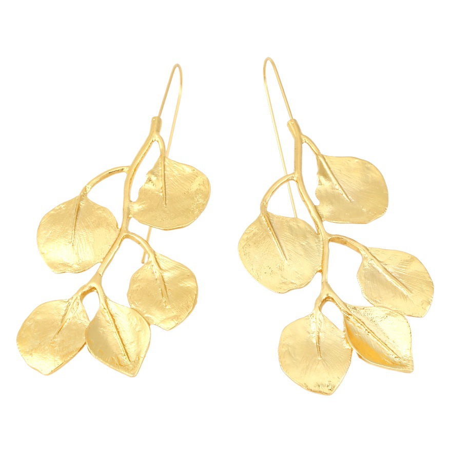Za Retro Elegant Long Golden Leaf Earrings European and American Exaggerated Cold Style Alloy Leaf Ear Hook Earrings for Women