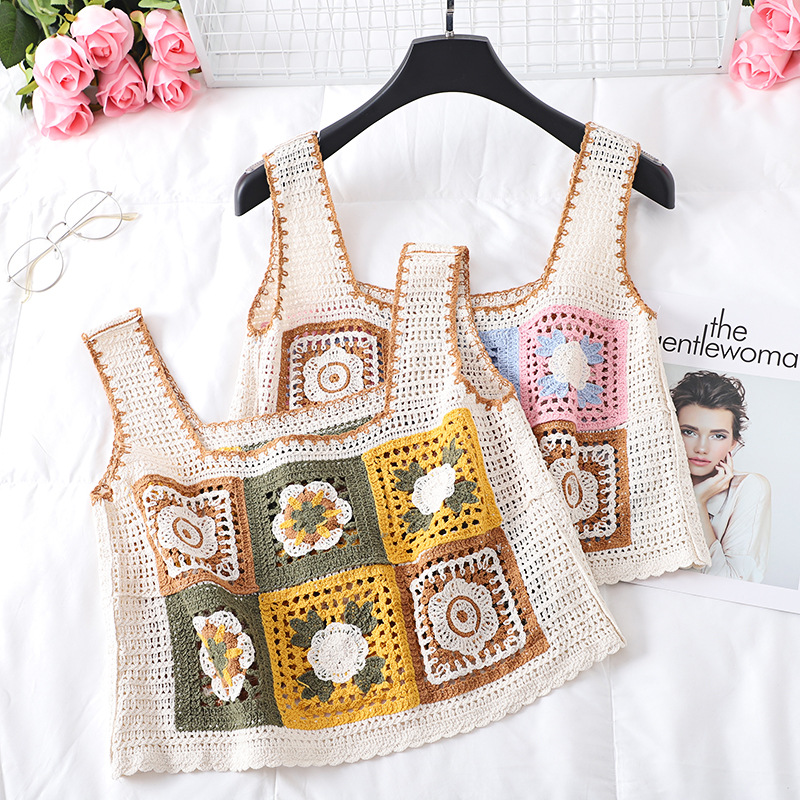 French style stacked vest square collar handmade crocheted vintage design outer wear versatile slimming gentle top high-end
