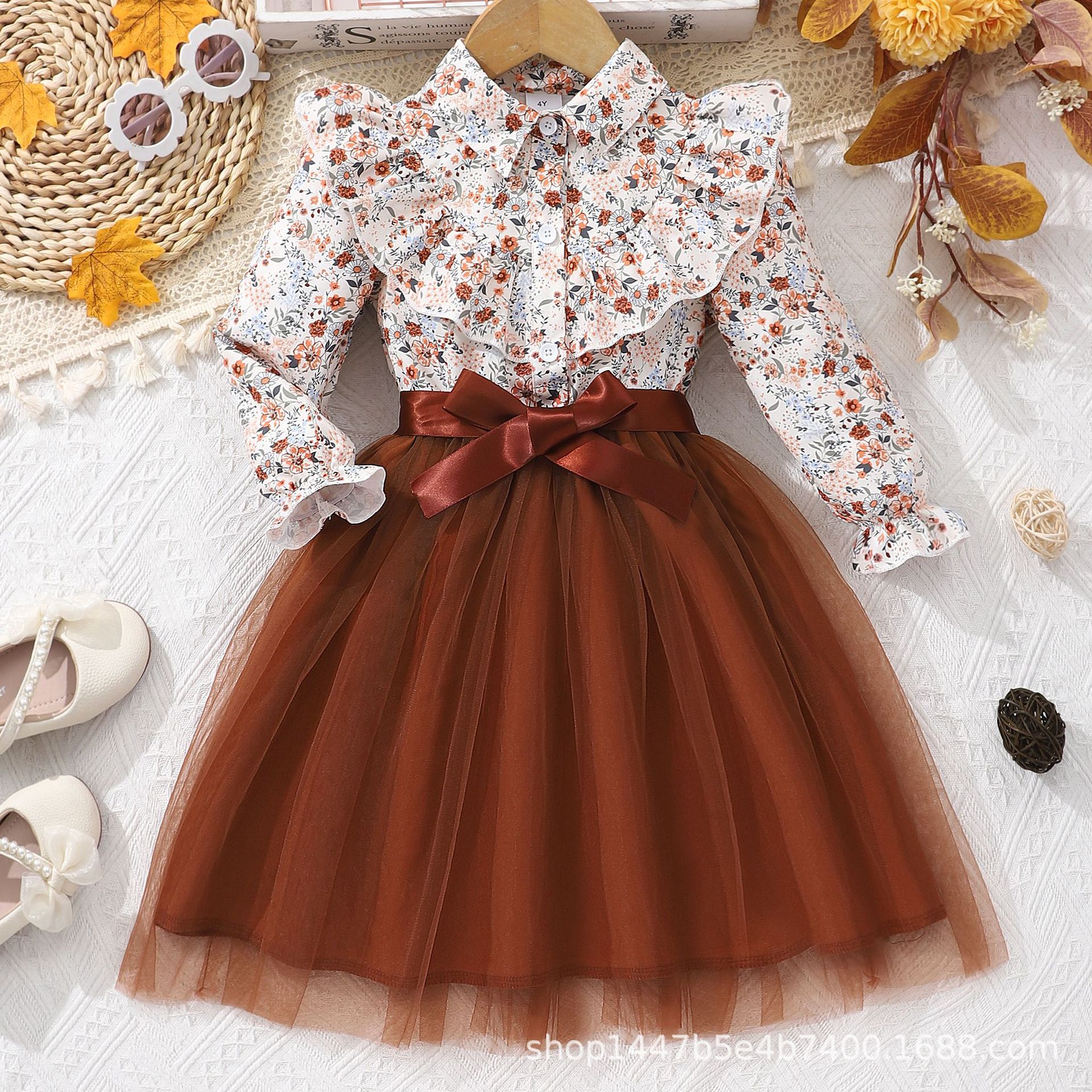 Picture of New Style Long-Sleeved Lapel Floral Print Mesh Dress for Girls and Older Children with Woven Belt
