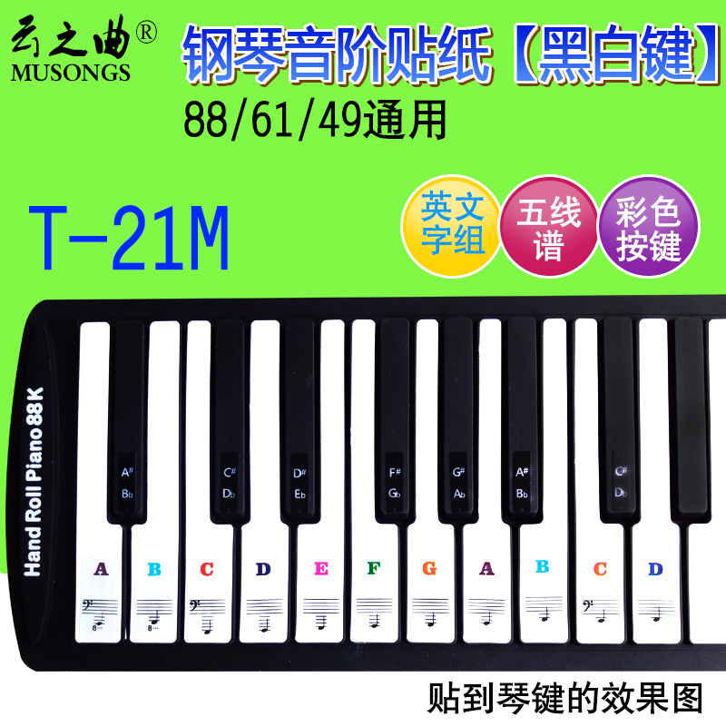 Yunzhiqu piano sticker black key white key color scale sticker five-line spectrum simple English text group 886149 keys