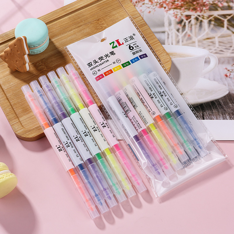 Picture of Color double-head highlighter 6-color Student color pen key marking pen oblique head highlighter watercolor pen