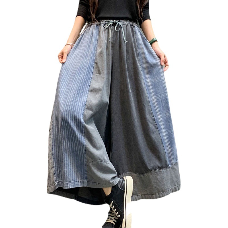 2023 spring new artistic retro retro style stitching lace-up wide-leg straight long-leg jeans for women Wholesale