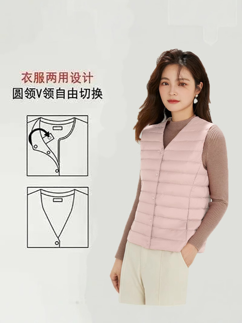 Cross-Border Tiktok New Women's Collarless down Liner Vest V Neck Lightweight Warm Jacket Vest Vest Round Neck