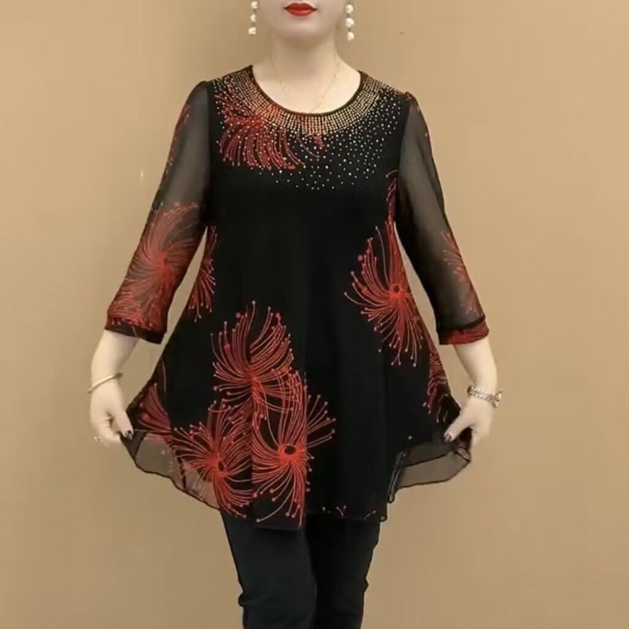 Picture of 2024 Spring and Summer Fashion Seven-point Sleeve Mesh T-shirt Small Shirt for Middle-aged and Elderly Mothers Summer Dress Round Neck Half Open Neck Hollow