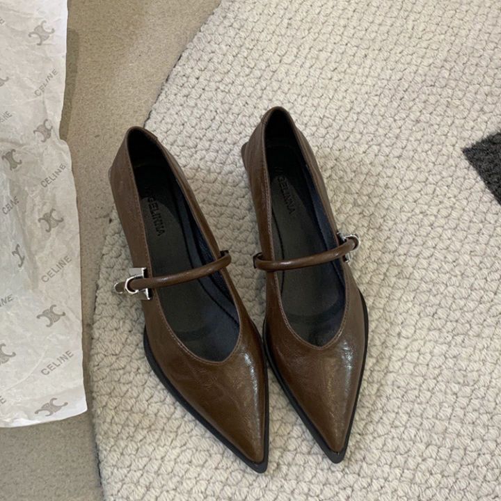2025 Autumn New Pointed Thick Heel Low Heel Shoes Women's Korean Style Straight Button Soft Leather Commuter Mary Jane Shoes for Women