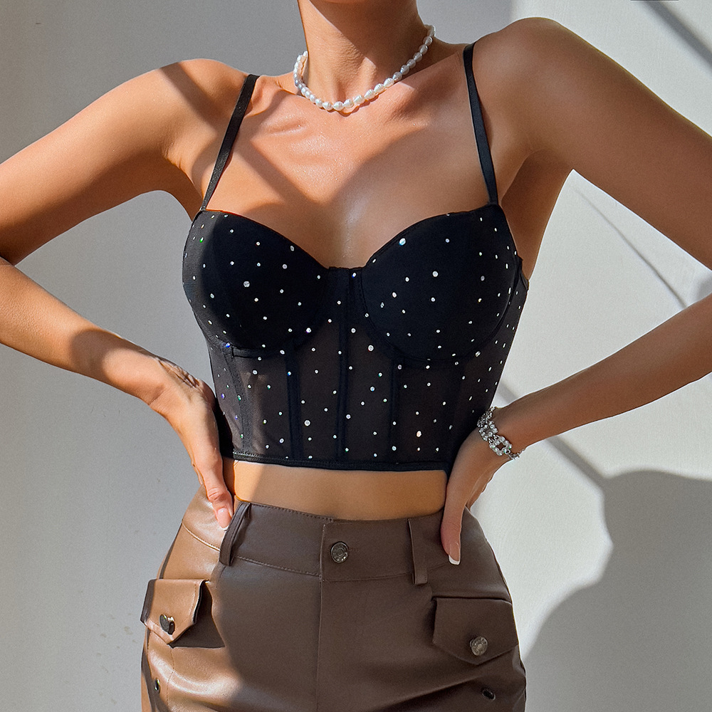 European and American Sexy Nightclub Style Sequin Fish Bone Steel Ring Gathering Perspective Navel Hot Girl Small Vest with Breast Cotton Removable