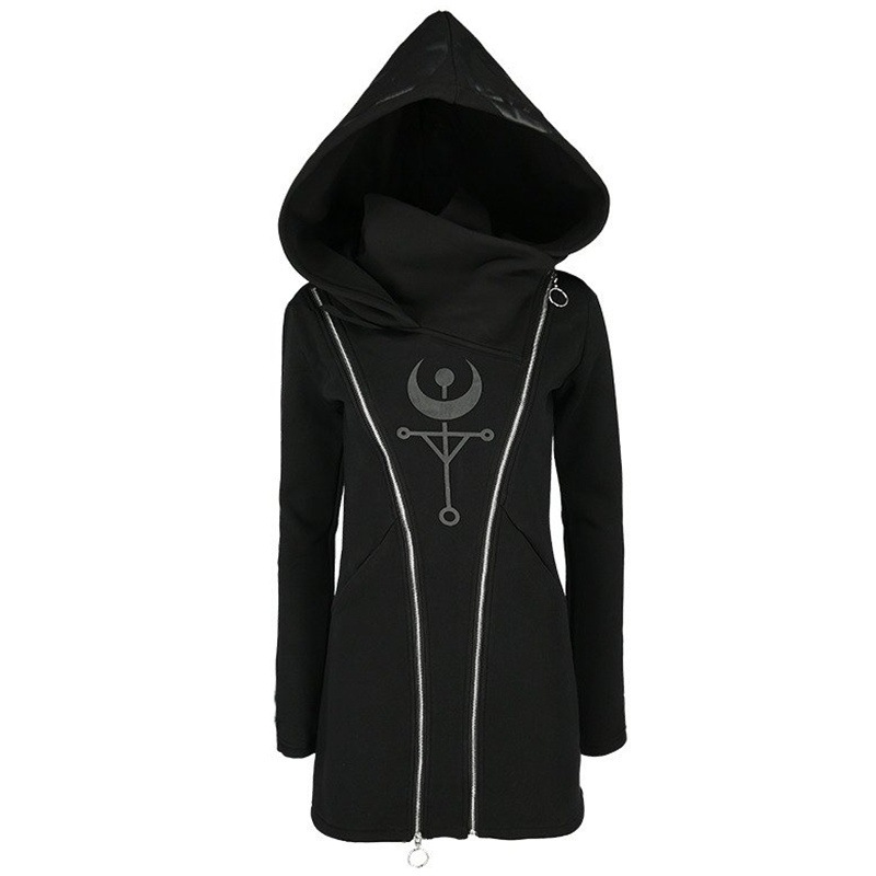 Picture of in stock 2019 European and American punk style printed long sleeve hooded double zipper long sweater