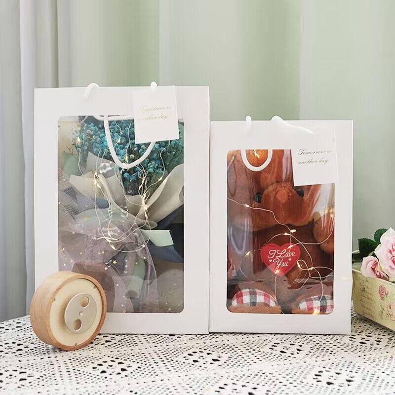 Flower Love ins Transparent Hand Gift Bag Birthday Handbag Flower Gift Box Window Flower Packaging Material Factory Batch