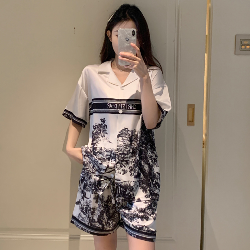 Picture of Cross-border new new Chinese ink painting ice silk pajamas women's high-end sense thin short sleeve shorts lovers suit wholesale