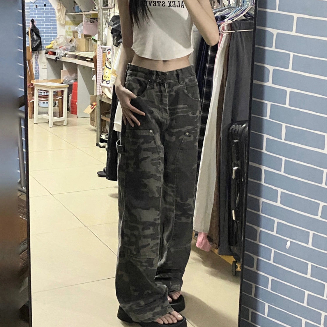 Picture of Camouflage Tooling Straight Jeans Women's Spring and Summer American Style Retro Loose All-match High Waist Slimming Wide Leg Pants