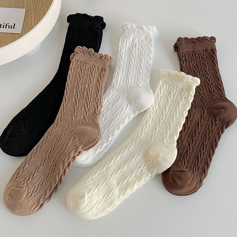Socks, Mid-Calf Socks, Trendy Fungus-Edged Pile Socks for Women, Matchinging Small Leather Shoes, Black Lace Loafers, Spring and Autum