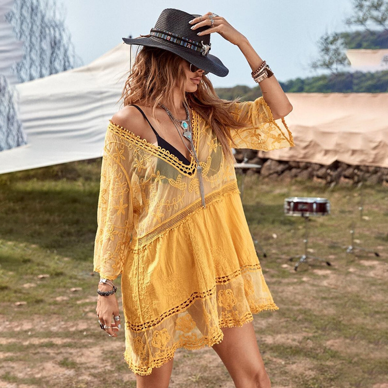 Picture of European and American Cross-border Special for New V-neck Lace Embroidered Sunscreen Sexy Bikini Swimsuit Beach Blouse Women