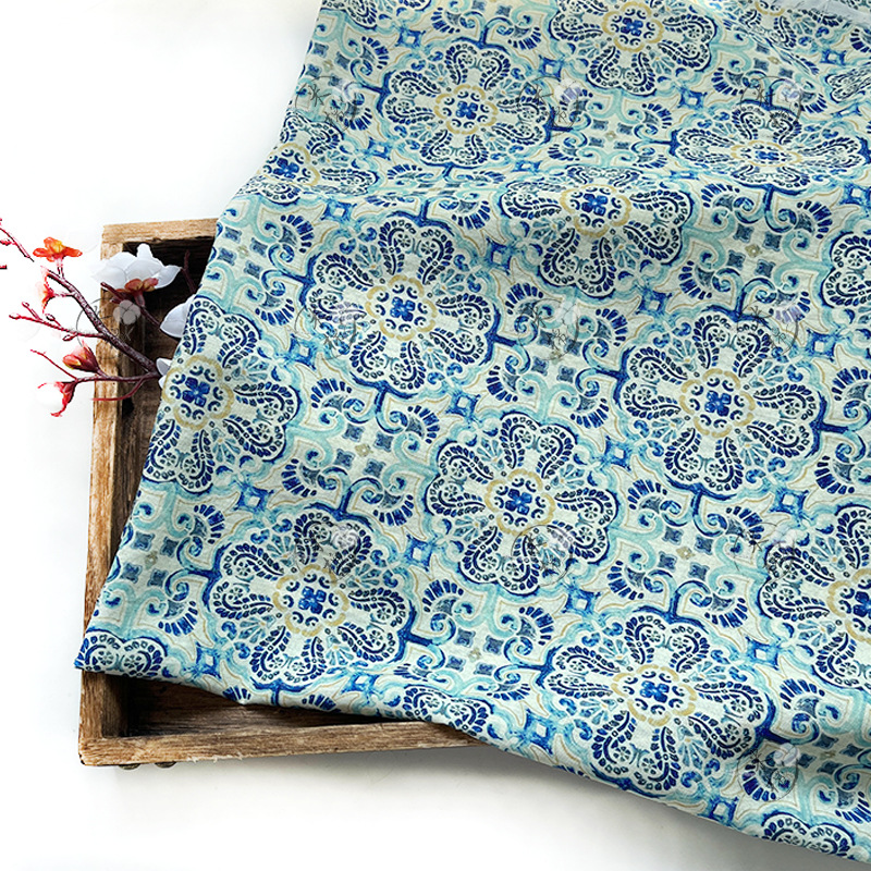 Blue and white entwined national style, new Chinese cheongsam dress, top, Hanfu fabric, digital printed fabric, brocade cotton fabric
