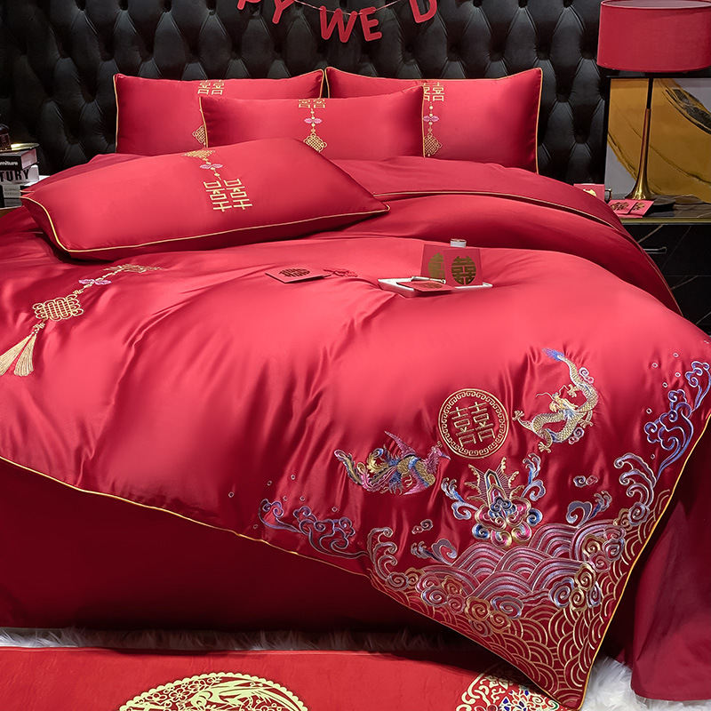 Picture of High-end European-style Wedding Four-piece Cotton Big Red Embroidered Sanding Quilt Cover Wedding Bedding Accompanying Wedding Room
