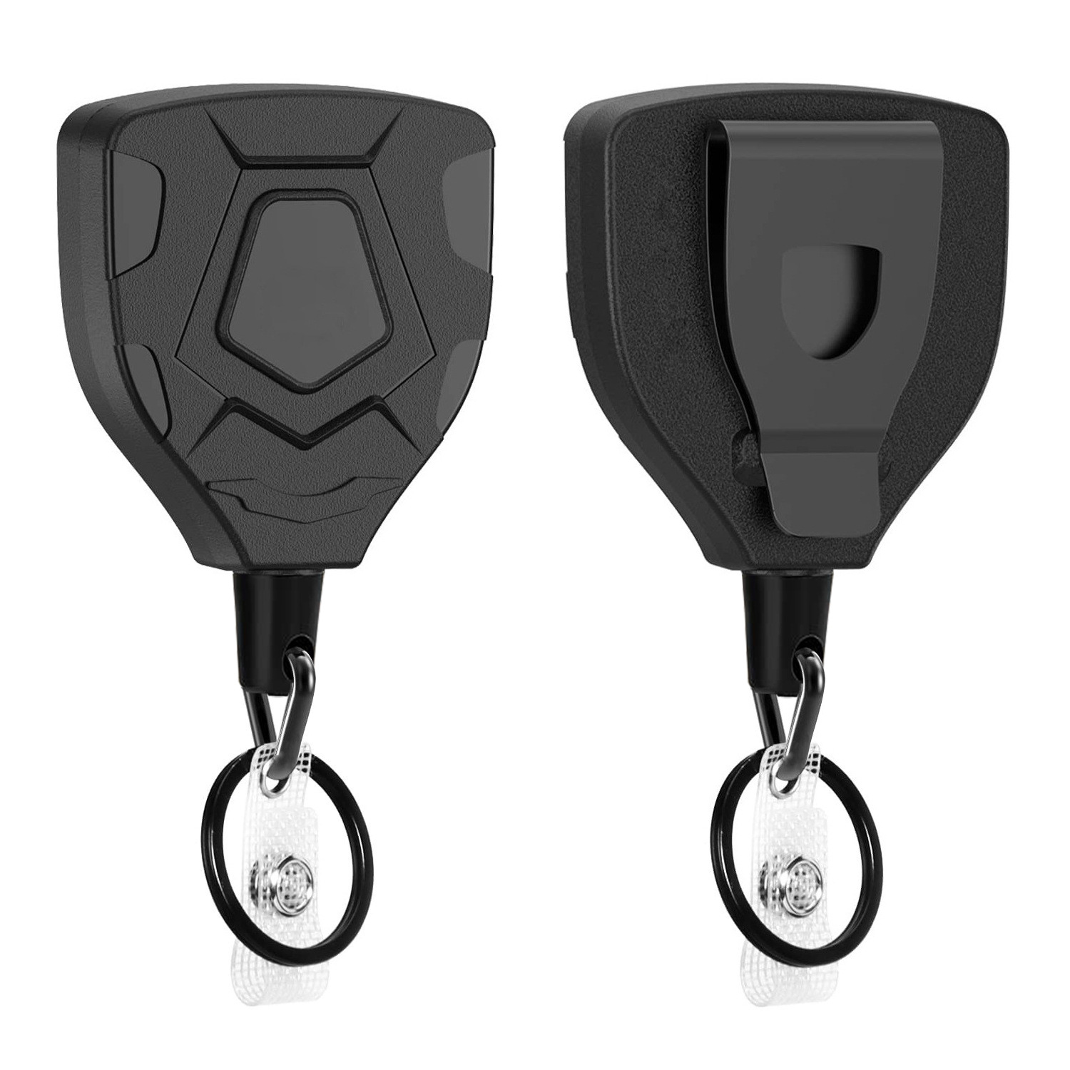 Picture of Heavy duty retractable high stretch ABS carabiner black triangle shield type with belt clip ID key chain