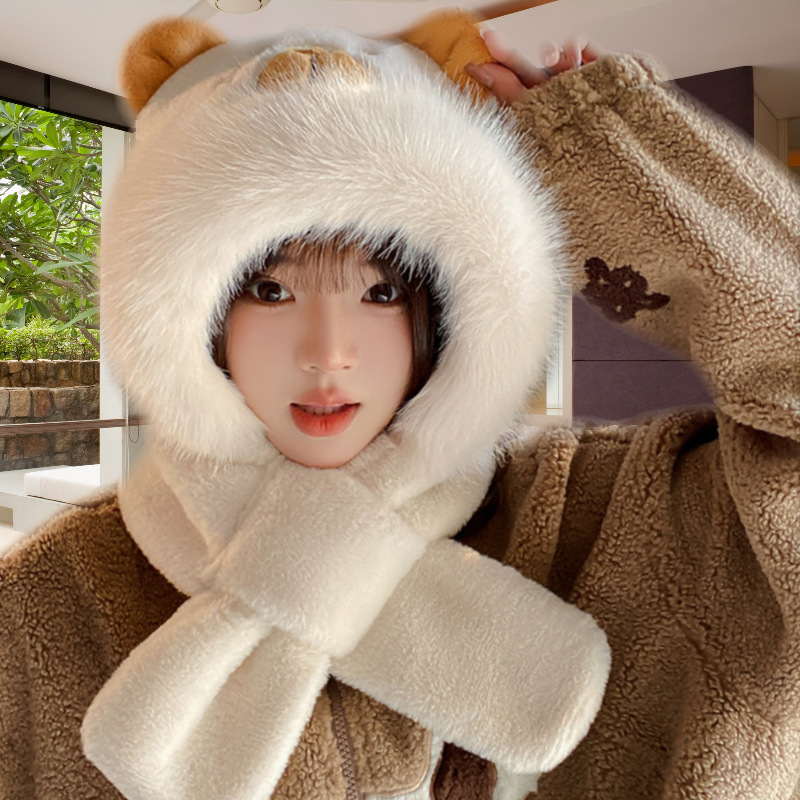 Picture of Loveable Capibala Hat Scarf Three-piece Set Women's Autumn and Winter Cartoon Plush Capybara Warm Windproof Scarf