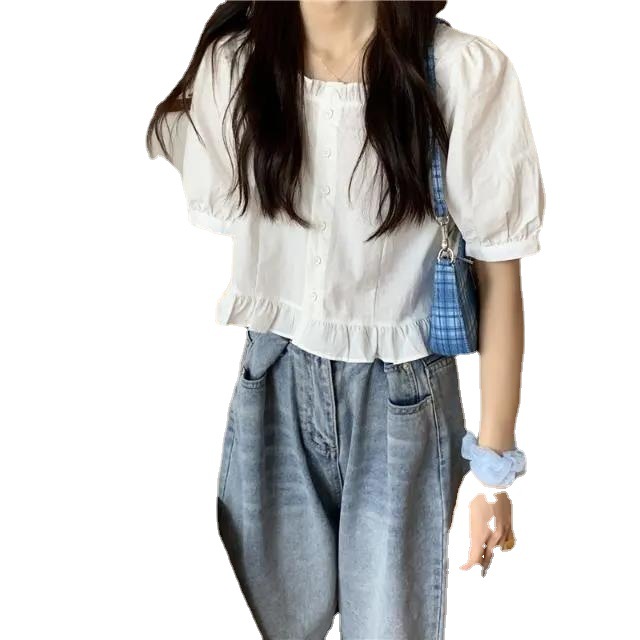 Picture of Short-Sleeved Women's New Spring/Summer 2022 Cute Casual Elegant Puff Sleeve Short Ruffled Square Neckline Top Ins