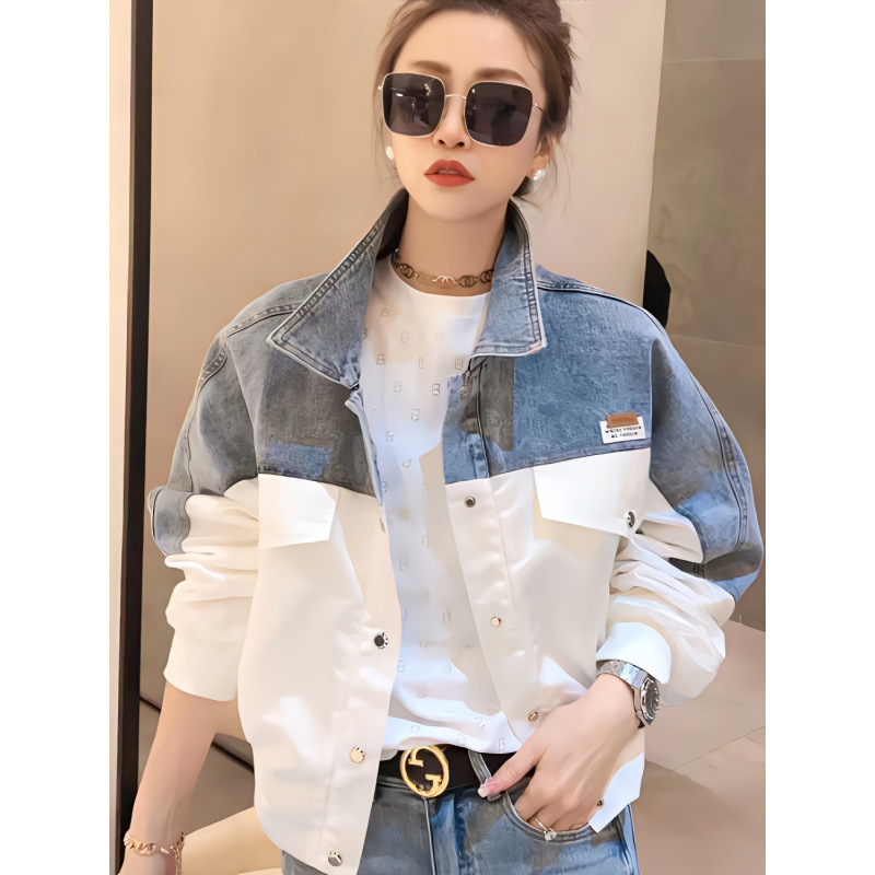 Fashion Contrast Color Denim Stitching Jacket Women's 2024 Spring New Retro All-match Casual Jacket Trendy