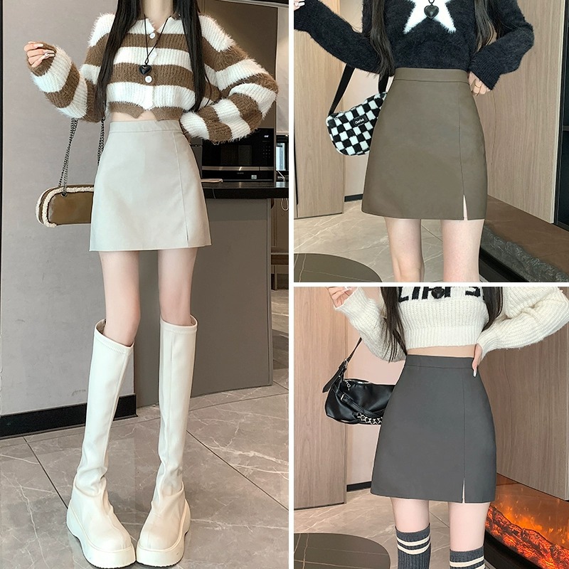 Split Korean Style PU Leather Skirt Women's Autumn and Winter 2024 Winter New High Waist Hip Skirt Slimming A- line Short Skirt