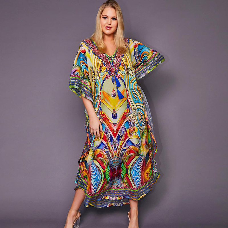 European and American Colorful Positioning Beach Long Dress Loose Large Size Robe Vacation Dress Bikini Swimsuit Blouse Women's New Arrival