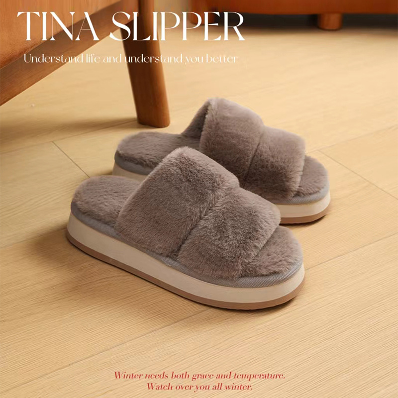Japanese-style Open Autumn and Winter Cotton Slippers Women's Indoor and Outdoor Home Quiet Plush Floor Household Non-slip Mao Mao Slippers for Women