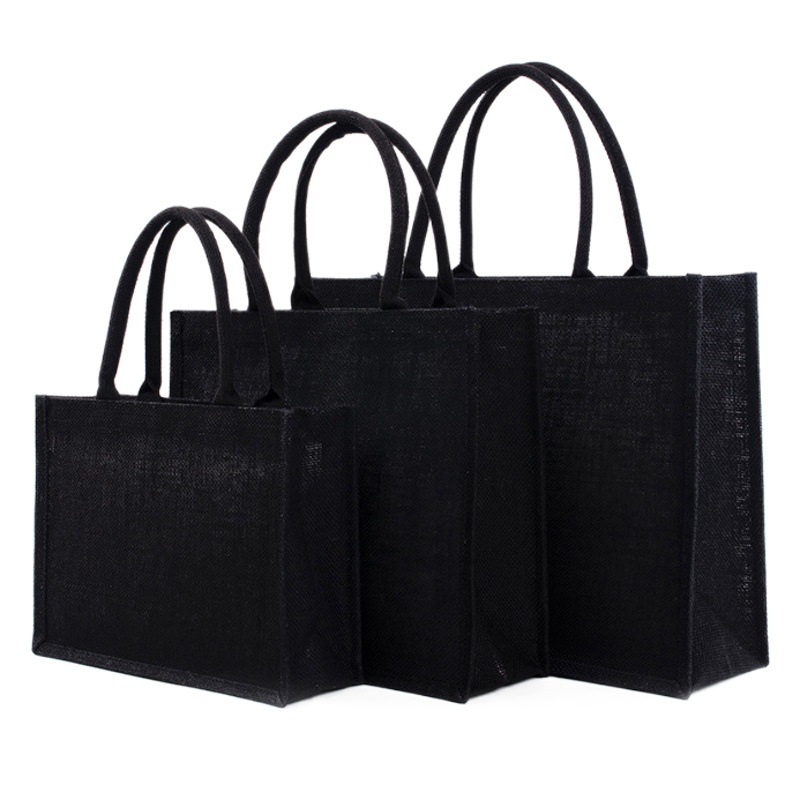 Wholesale Spot Environmentally Friendly DIY Black Linen Bag Handbag Custom Ins High-End Shopping Tote Bag Jute Bag
