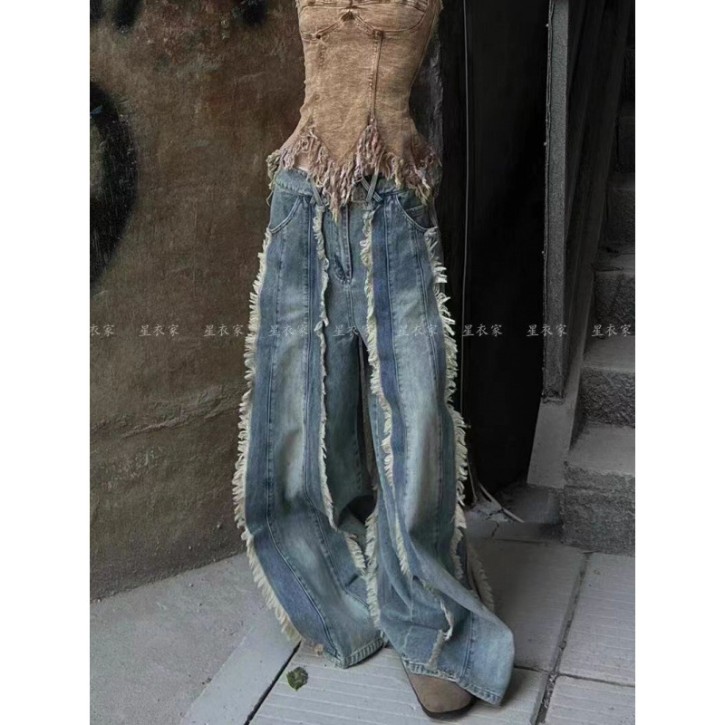 American Style Retro Distressed Washed Jeans Women's Lazy Style Summer Thin Design Tassel Fringe Mop Pants