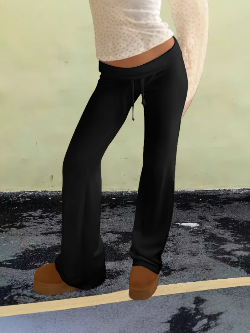 2024 Cross-border Foreign Trade High Waist Flip Drawstring Loose Fashion Basic Straight Knitted Wide-leg Pants