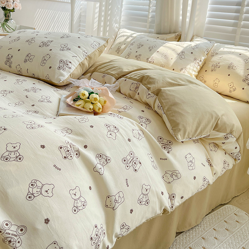 Picture of Class A Washed Double Yarn Cotton and Linen Four-piece Bed Sheet Cover Cover Three-piece Machine Washable Single and Double Bed Top Supplies