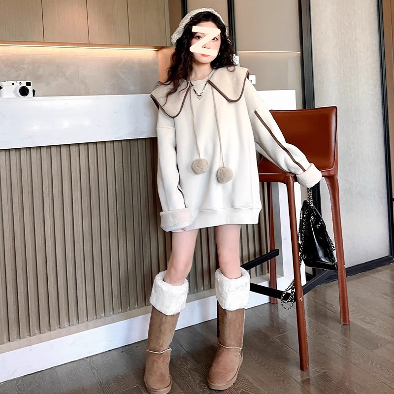 Picture of Girls' Autumn and Winter Fashionable Korean Style 2024 New Middle and Long Loose fleece-lined Thickened Sweatshirt for Children