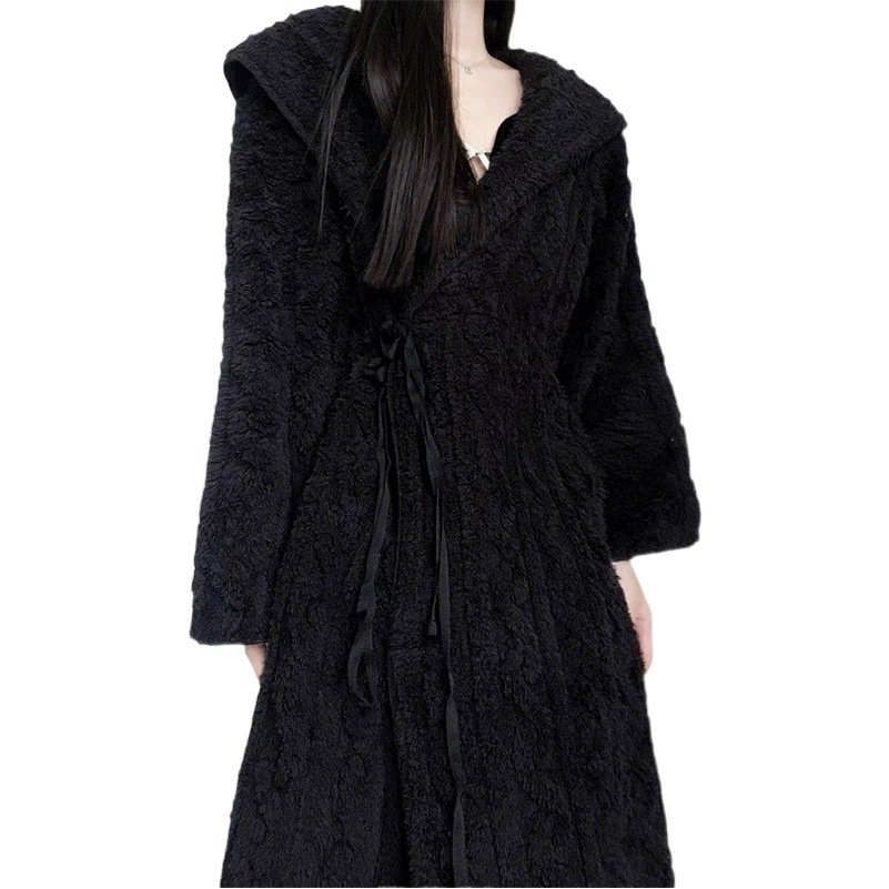 Internet celebrity sweet hooded nightgown women's flannel bathrobe pajamas black thickened coral fleece warm plus size homewear