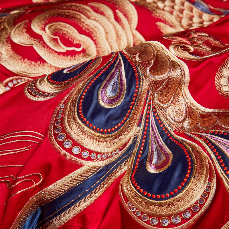 Picture of High-end wedding 160 long-staple cotton embroidery wedding four-piece cotton satin red six-piece/ten-piece set
