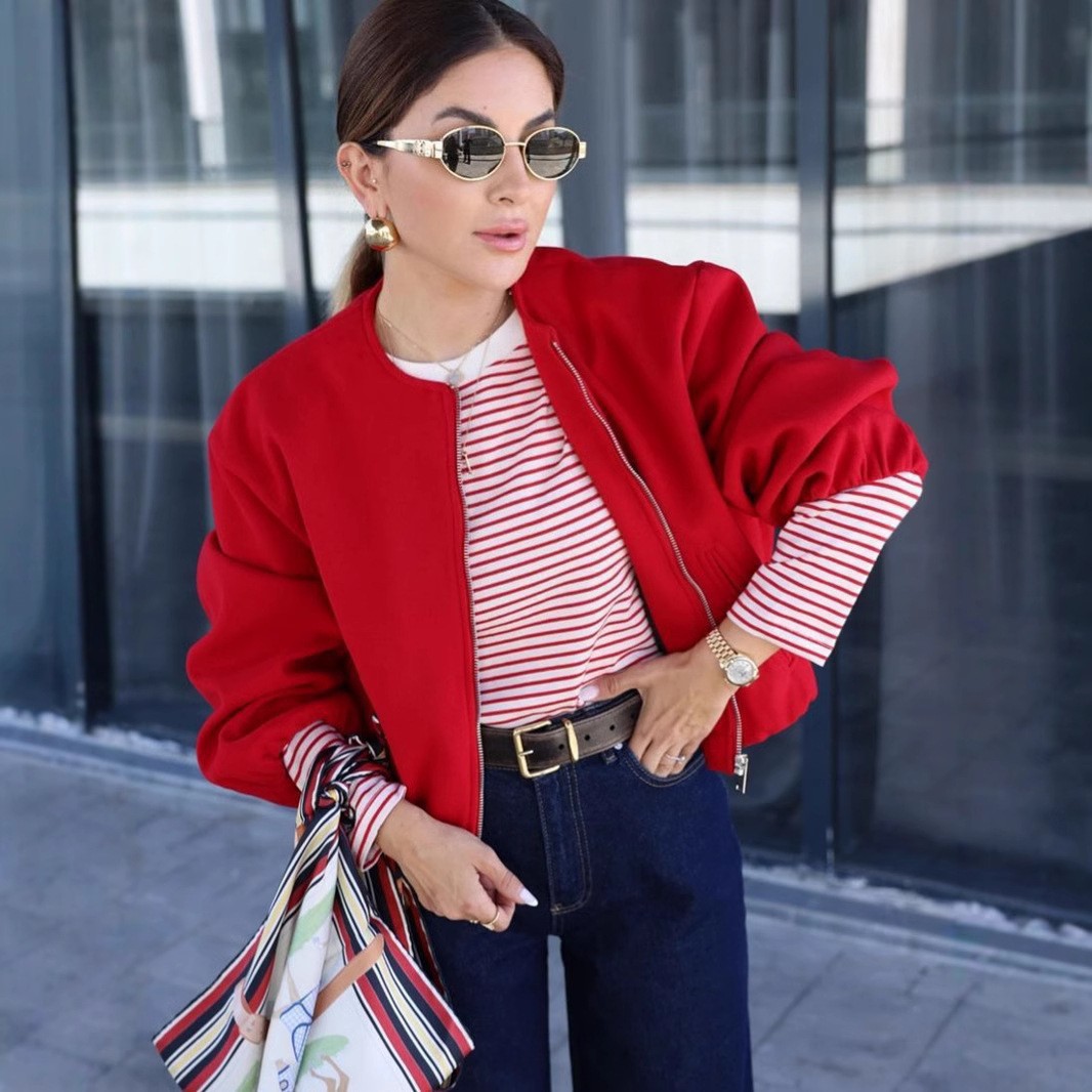 New Minimalist Round-Neck Jacket Spring & Fall New Versatile Women's Cross-Border Bomber Jacket