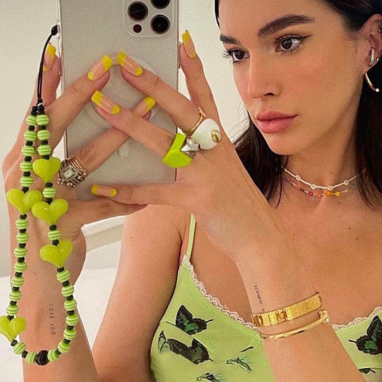 Kkbead Bohemian Ins Colorful Striped Acrylic Heart Phone Chain Lanyard Ins Style Pendant Decoration