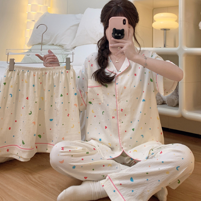 Cross-border summer high-grade clouds cotton pajamas cartoon moon stars printed home clothes short sleeve three-piece wholesale