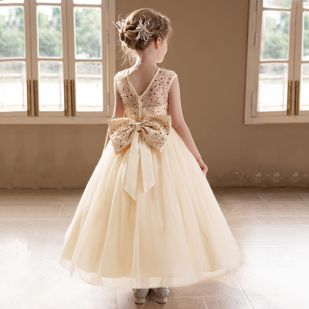 Girls' Champagne Long Gown Big Bow Puffy Yarn Wedding Flower Children's Backless Evening Dress