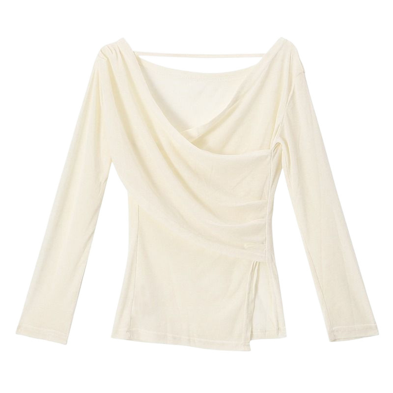 Picture of Designed Asymmetrical Cross V-Neck Long-Sleeved T-Shirt for Women in Spring & Fall Thin Unique Slim-Fitting Sexy Waist Slimming Look Top