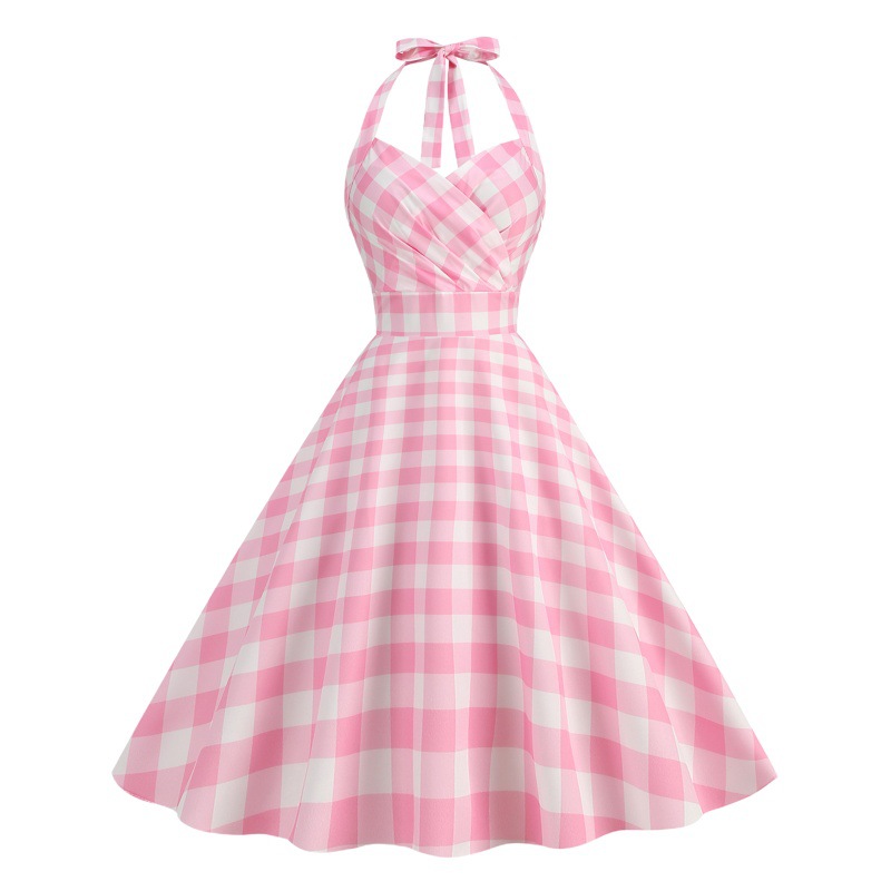 2023 Amazon AliExpress cross-border hot selling Barbie pink halter pleated polka dot print large swing dress