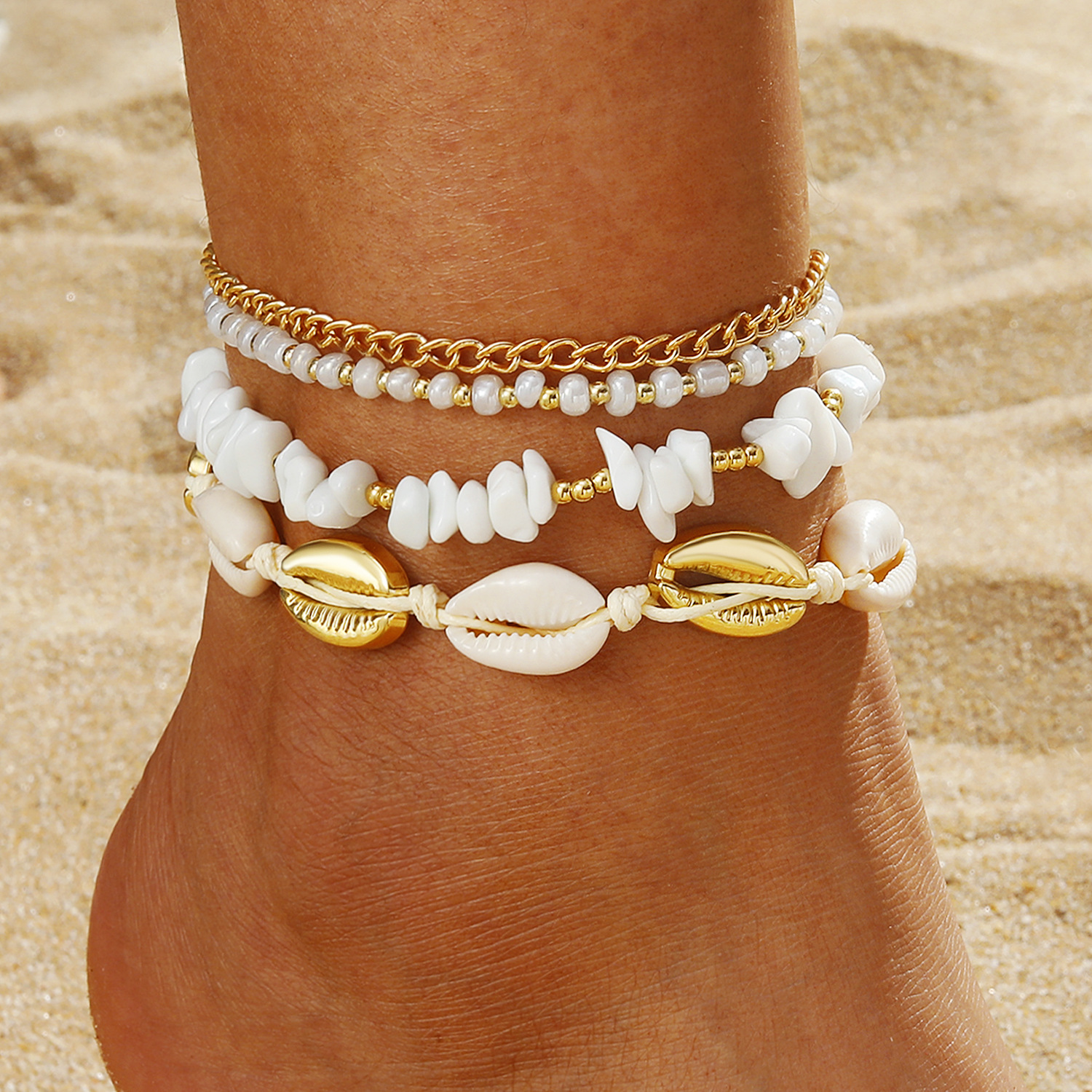 European and American fashion simple conch rice bead chain anklet 4 piece set Bohemian style rice bead shell anklet wholesale