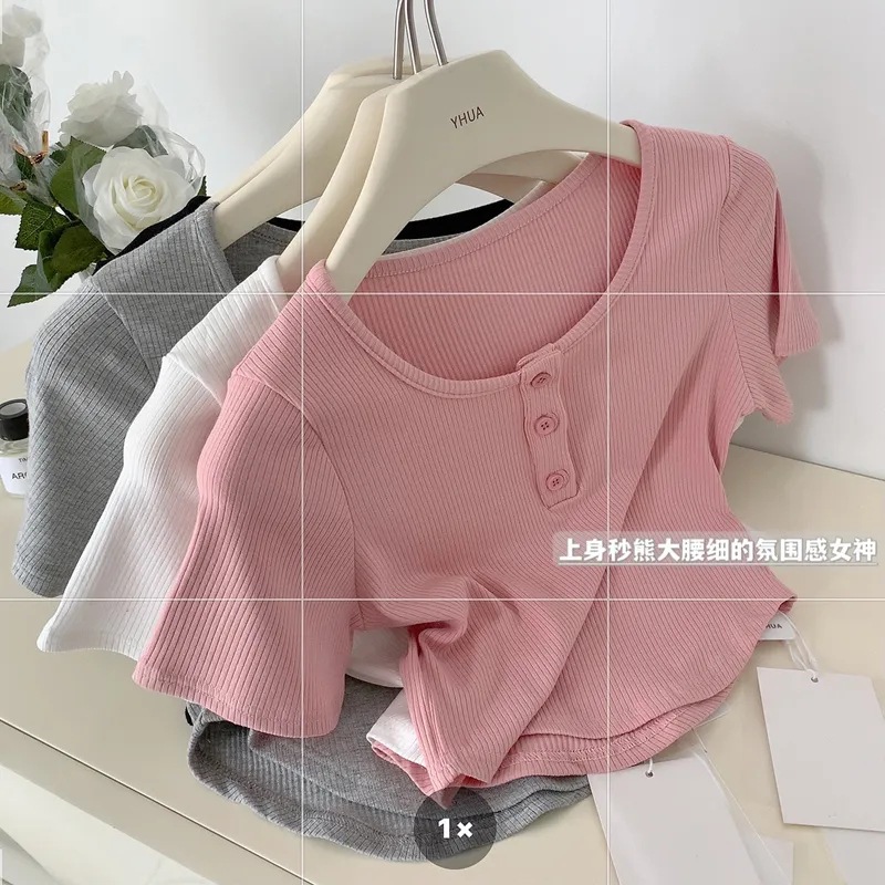 Shoulder Square Collar Button Short-sleeved T-shirt Women's 2024 Summer New Thread Slim-fit Half-sleeved Base Shirt Short Top